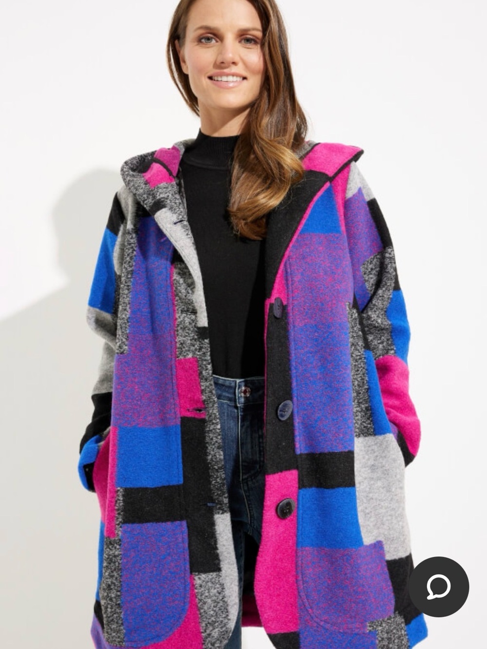 NWT Joseph Ribkoff Multicolor Plaid Patchwork Hooded Wool Coat 233961 Medium